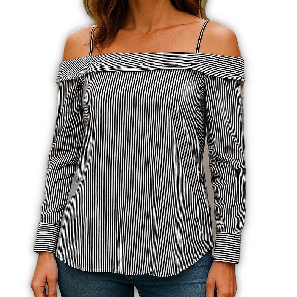 Guest Editor Off Shoulder Stripe Blouse XS Black White Long Sleeve NWT